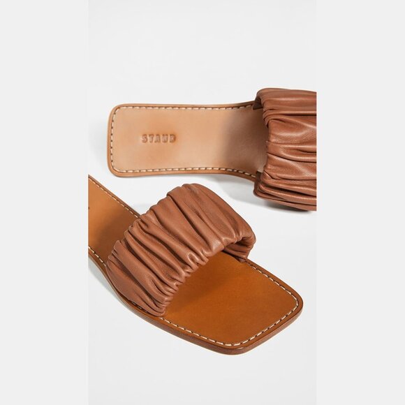 STAUD Tan Nina Ruched Slides in Nappa Leather Size 38EU / 8US - Picture 2 of 10